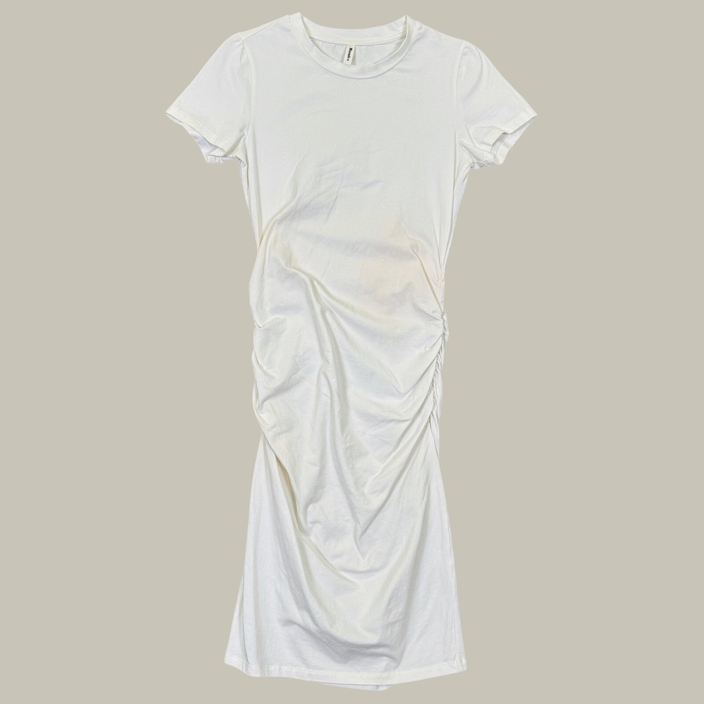 Missufe Ruched Bodycon Midi Dress Women S White Short Sleeve Stretch Cotton